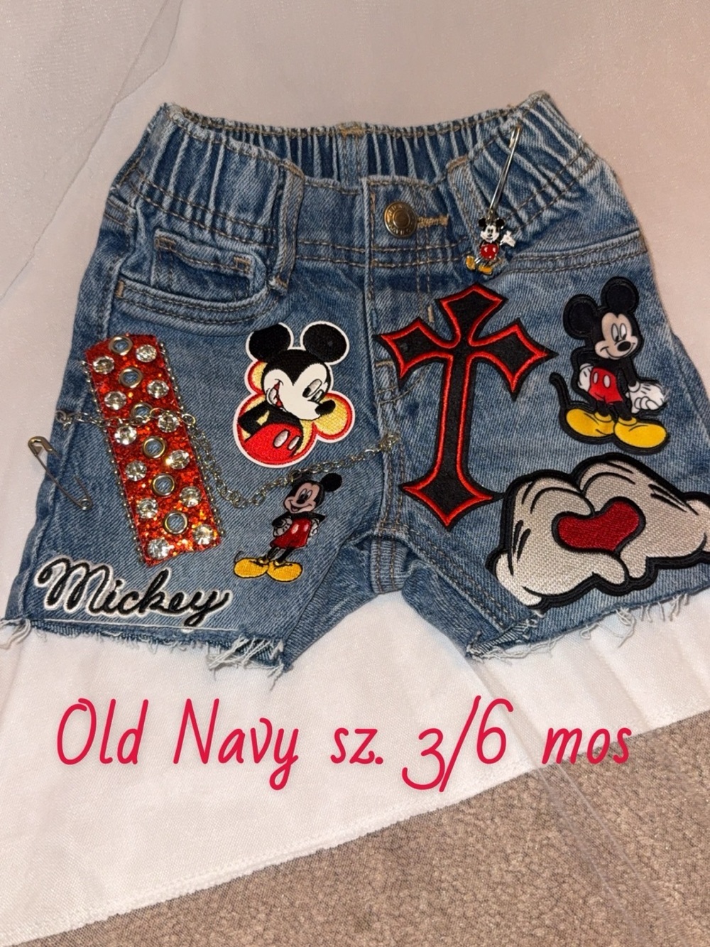 Old Navy Denim Mickey Patch Shorts in Blue with Red Accents Sz. 3/6 mos
